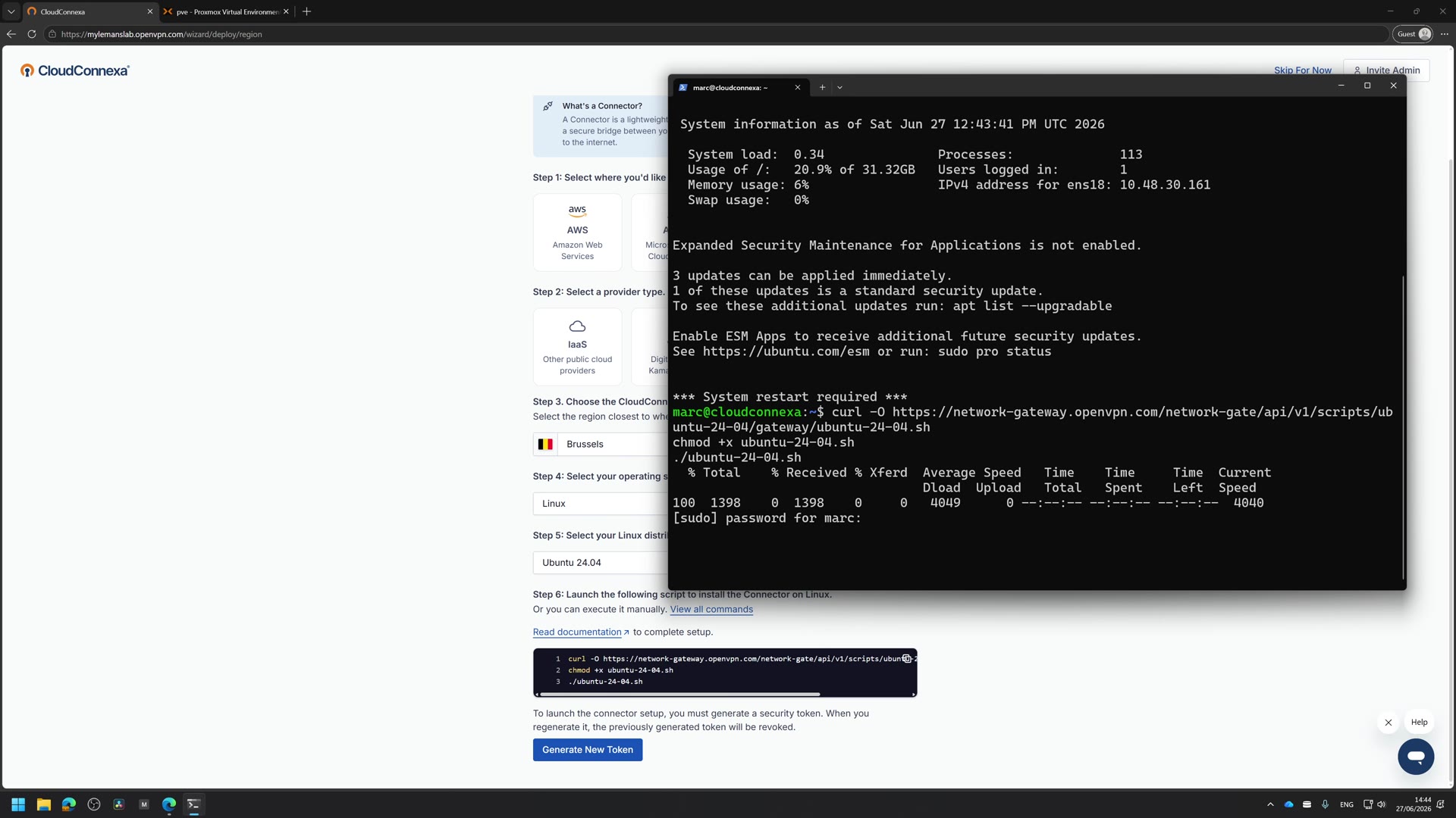 Pasting the connector install script into an SSH session on the VM