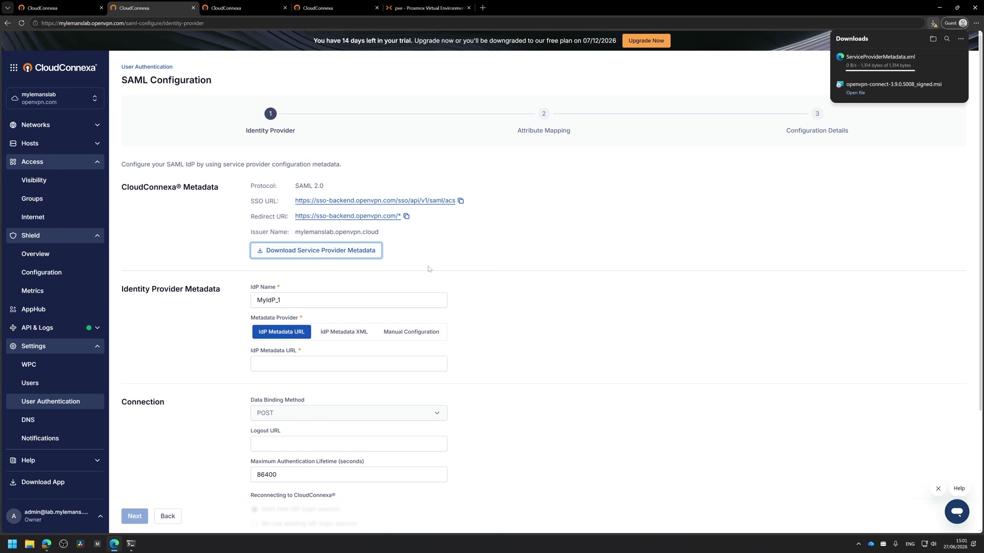 The SAML configuration in CloudConnexa with the identity provider metadata