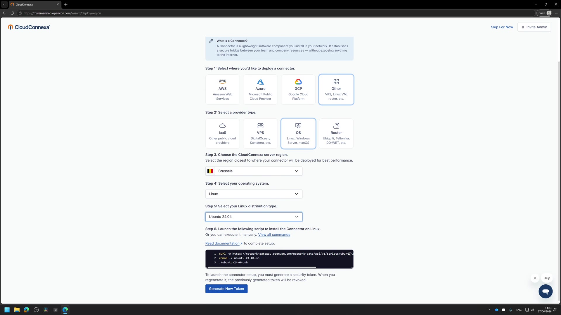 The deploy-connector wizard showing OS, region and the install script