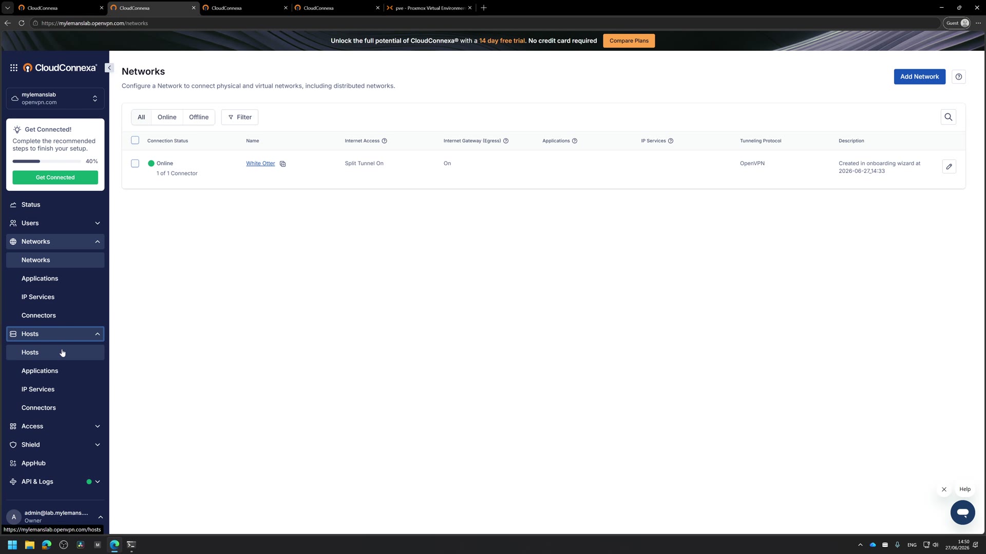 The Networks page showing the connector online, created by the onboarding wizard