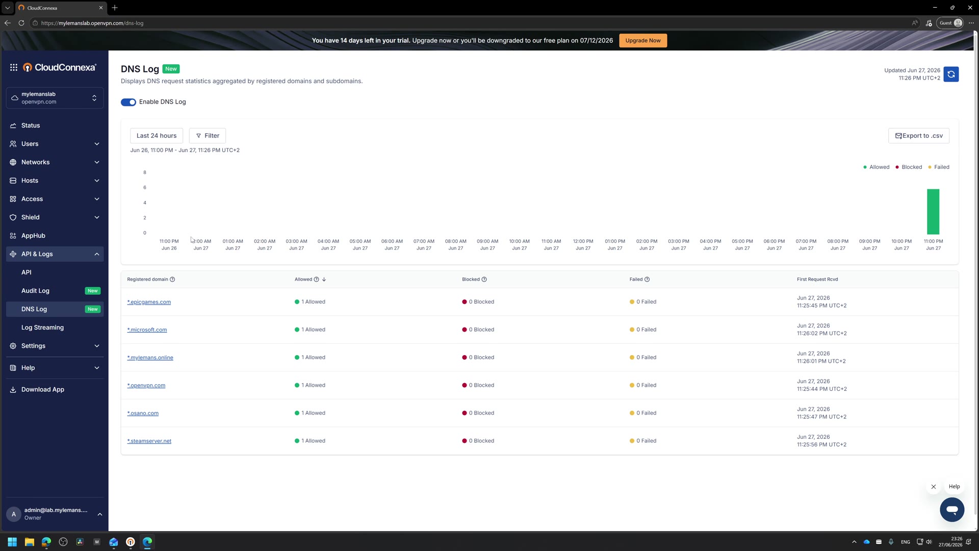 The DNS log showing allowed and blocked requests by domain