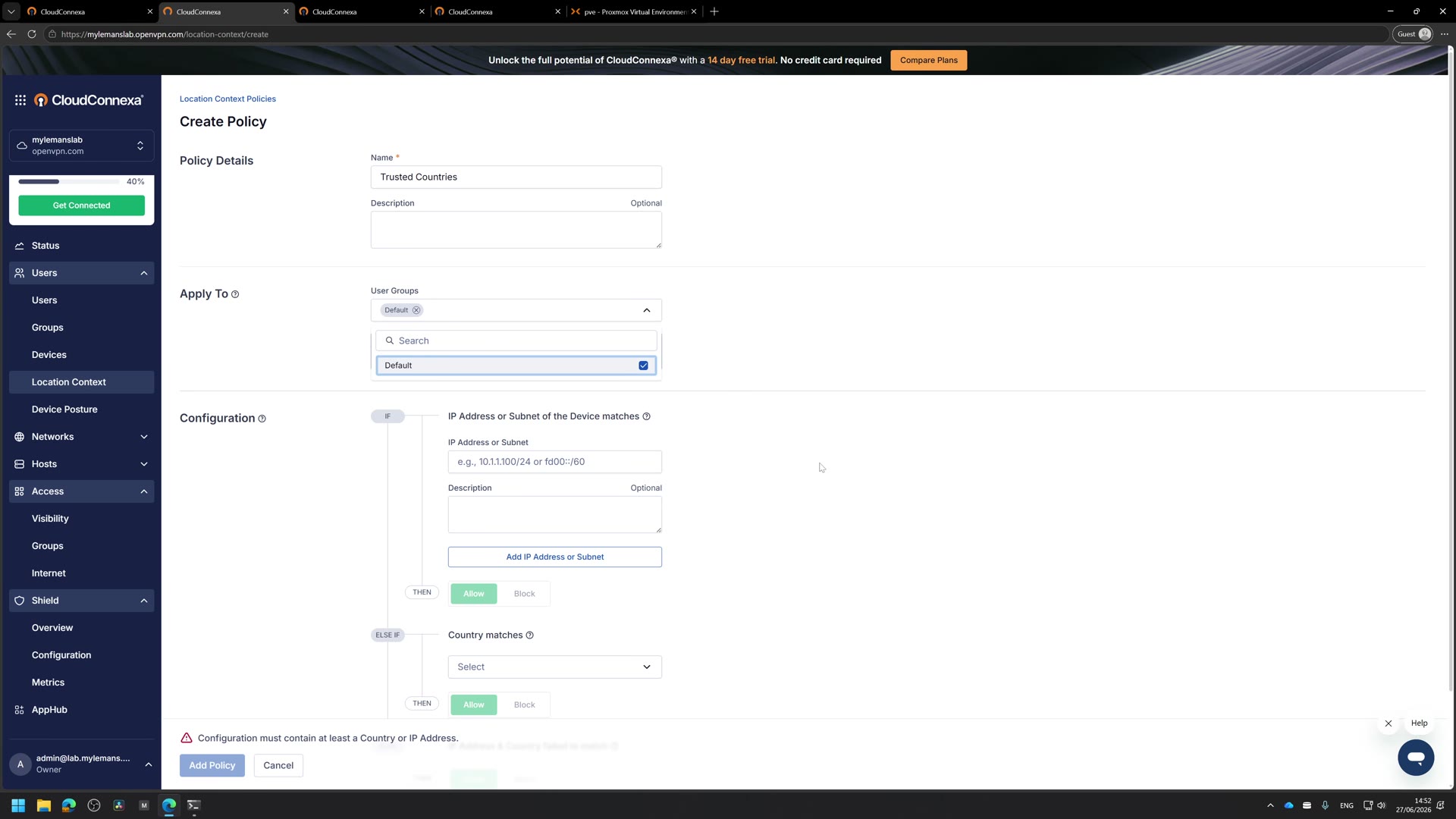 Creating a Location Context policy called Trusted Countries