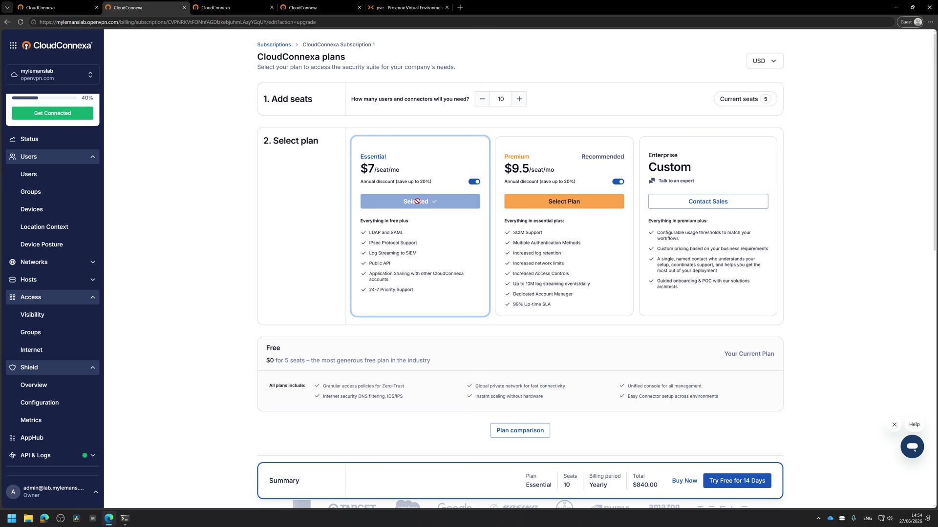 The CloudConnexa plans page with the Essential trial