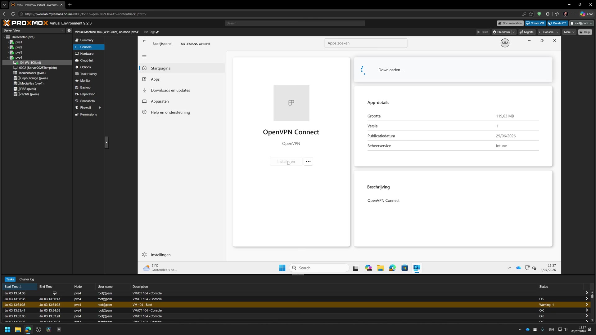 The client installing on the device through the Company Portal