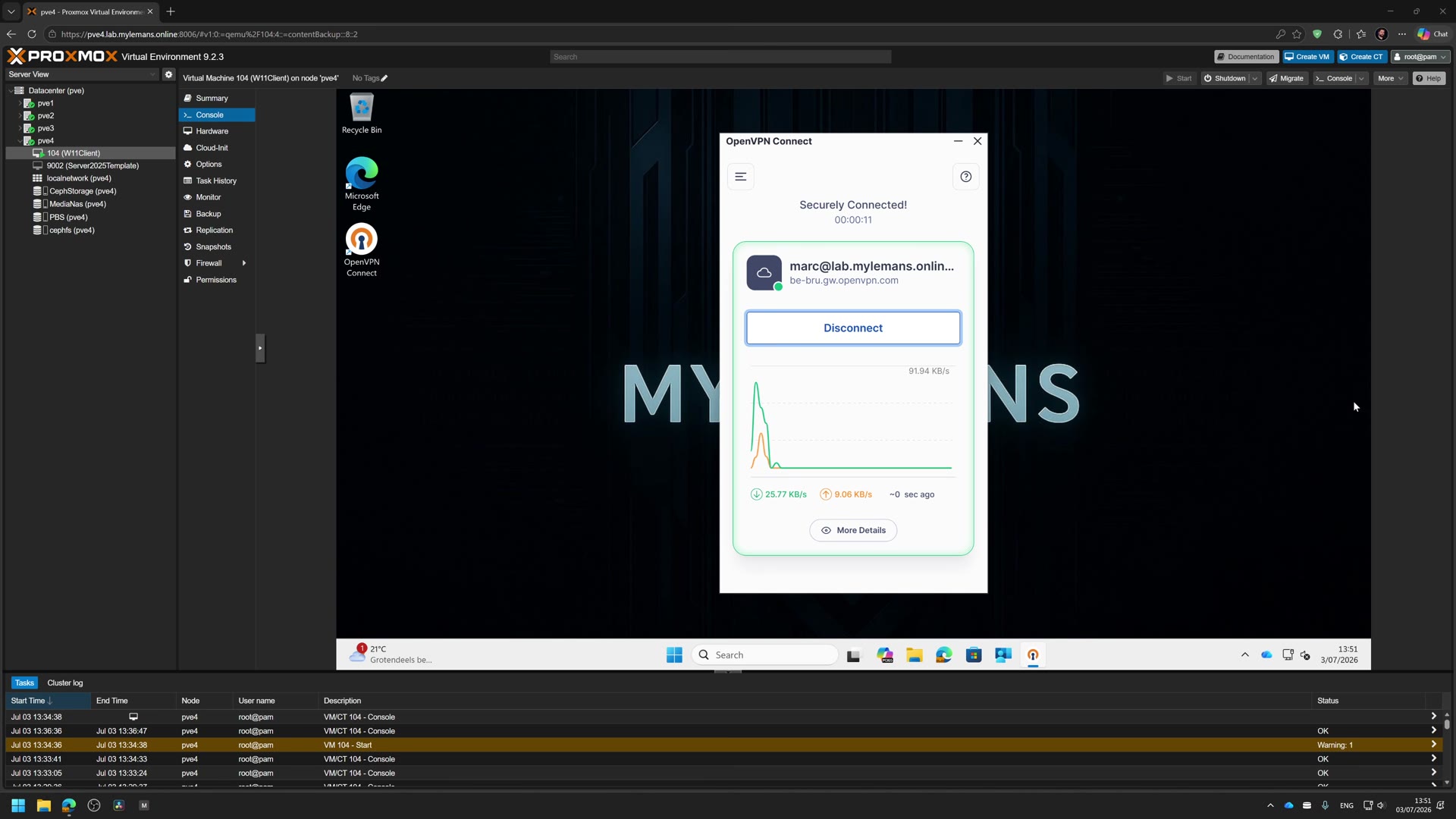OpenVPN Connect securely connected on the deployed machine