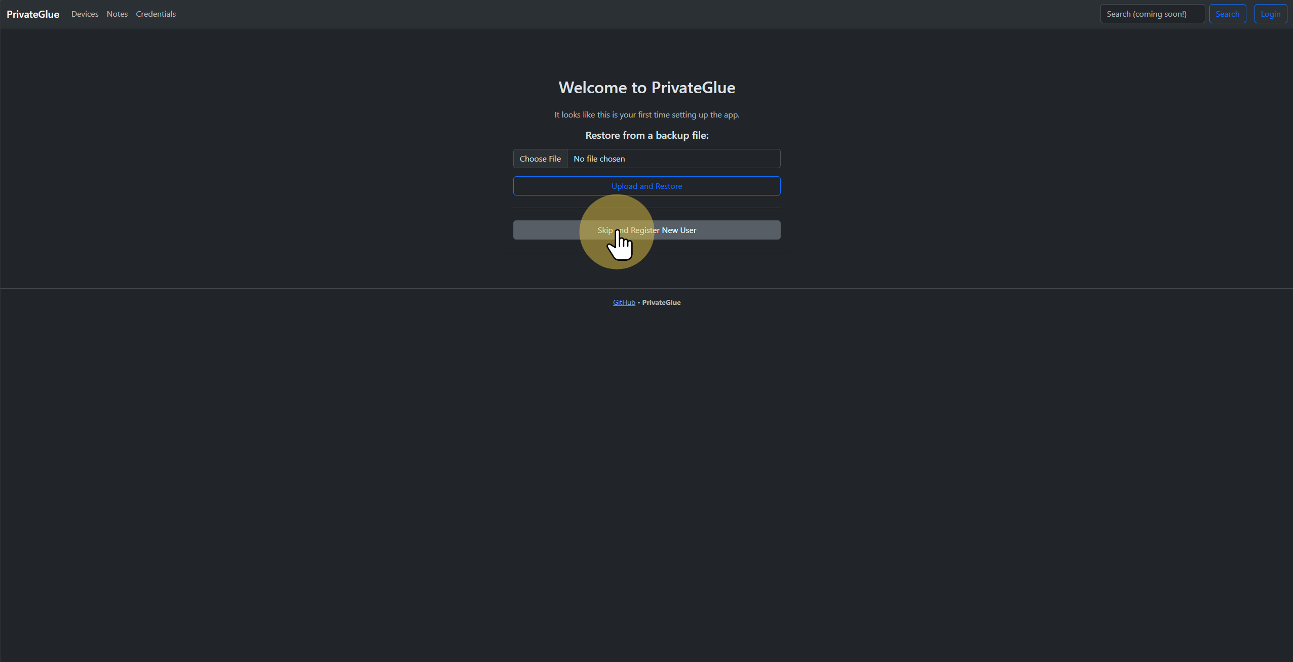 Skip restore and register new user