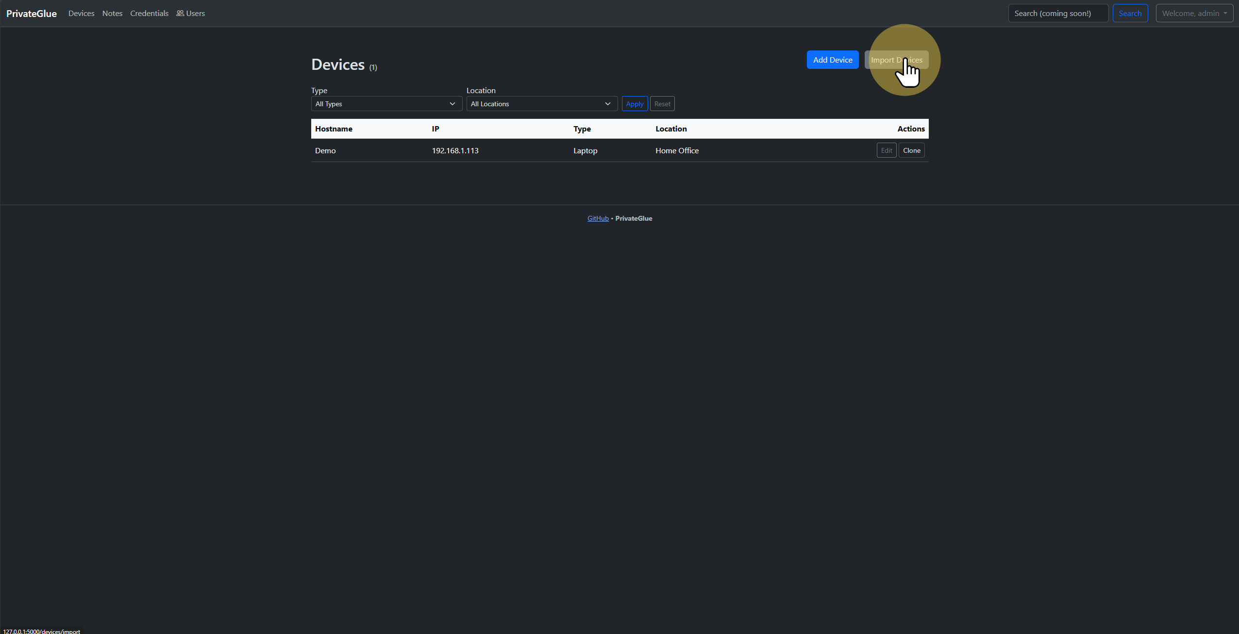Import devices screen