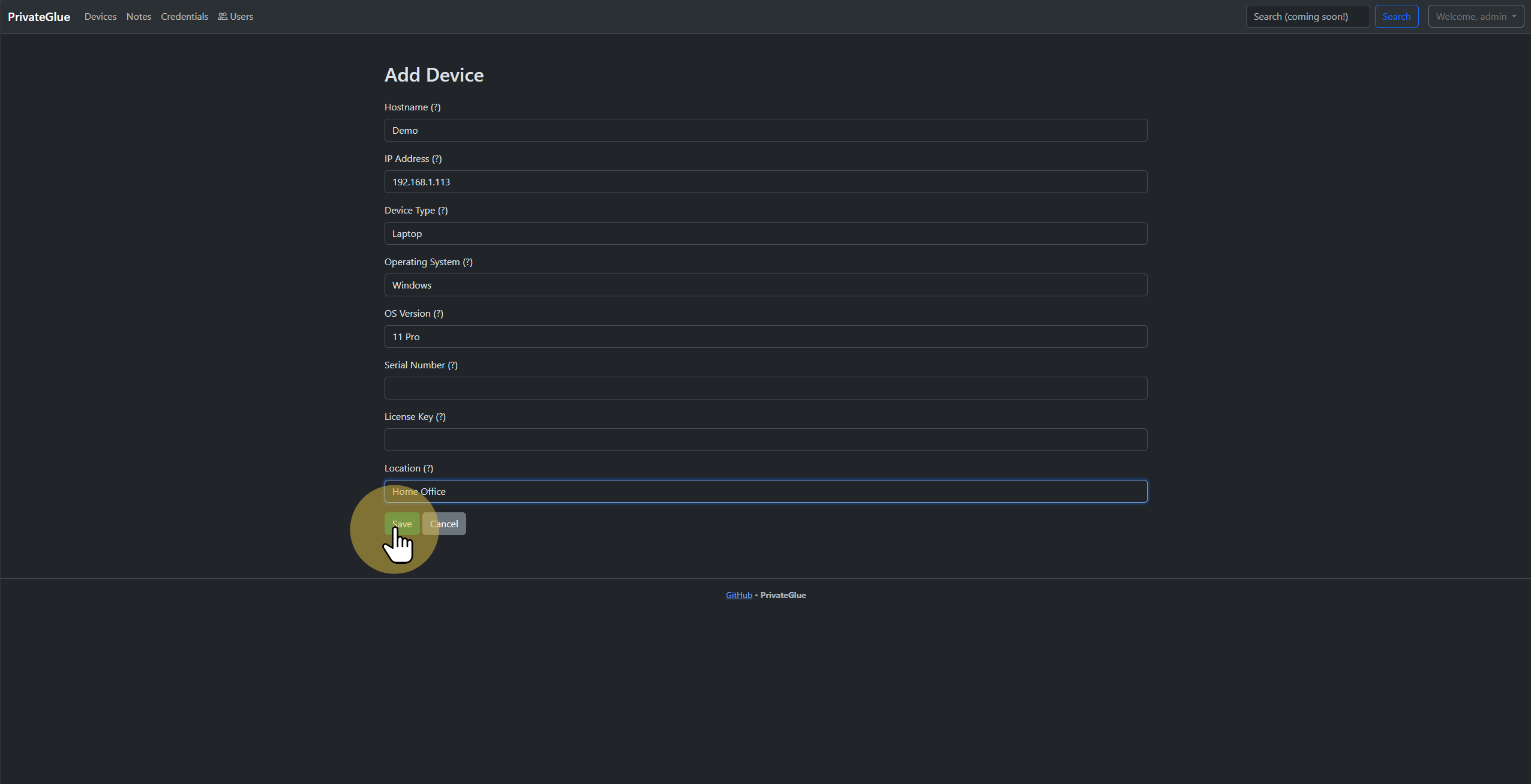 Enter device details